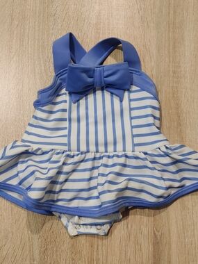 Gymboree Blue and White Striped Infant Swim Dress With Front Bow Size 0-3mo